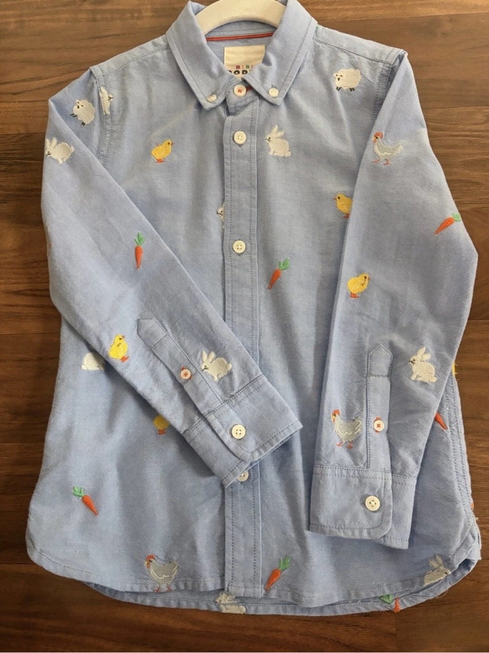 Mini Boden Chambray Blue Button-Down Shirt with Farm Animals Embroidery 7-8Y